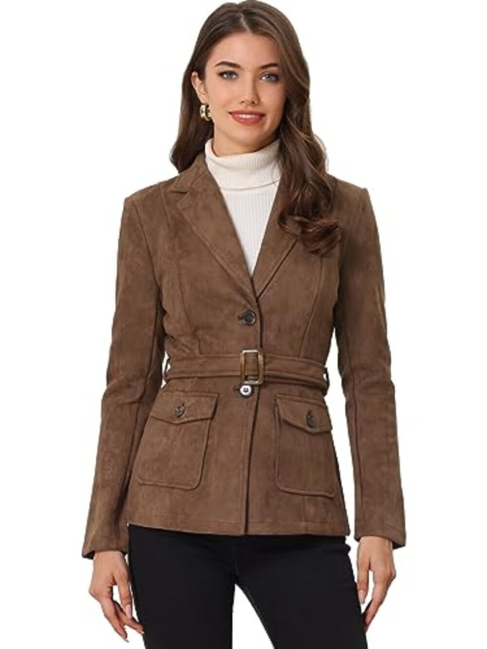 🆕 Women's Faux Suede Blazer Belted Lapel Outwear Single Breasted Work Jacket